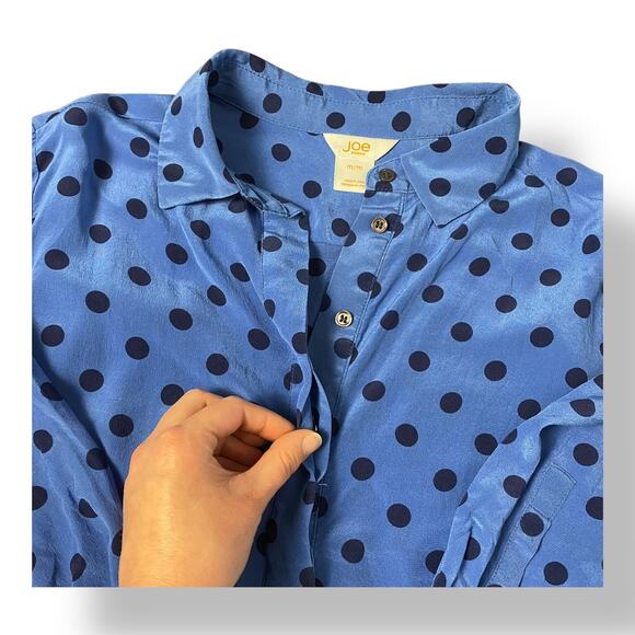 Joe Fresh Blue Polka Dot Silk Blouse Top Size M Business Casual Preppy - Picture 6 of 10